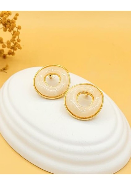 Krem Akrilik Gold Halka Küpe