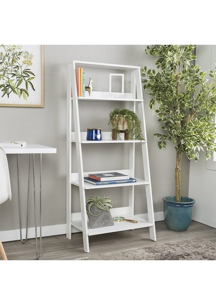 4 Katlı Beyaz Mdf Merdiven Raf Kitaplık Dekoratif Çiçeklik Salon & Balkon Rafı