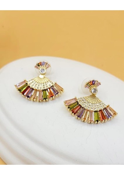 Renkli Taşlı Gold Tavus Kuşu Küpe