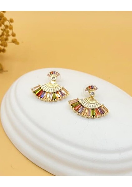 Renkli Taşlı Gold Tavus Kuşu Küpe fiyatları