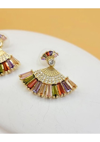 Renkli Taşlı Gold Tavus Kuşu Küpe modelleri