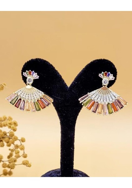 Renkli Taşlı Gold Tavus Kuşu Küpe indirimleri