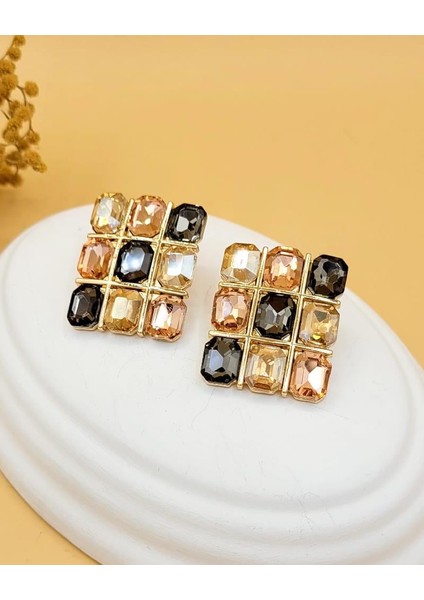 Şampanya Mozaik Işıltılı Taşlı Küpe