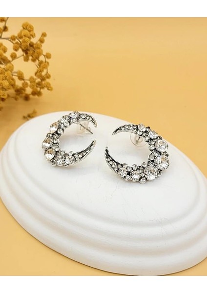 Şeffaf Taşlı Gümüş Kaplama Hilal Küpe