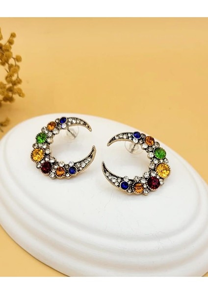 Renkli Taşlı Gümüş Kaplama Hilal Küpe
