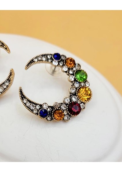 Renkli Taşlı Gümüş Kaplama Hilal Küpe fiyatları