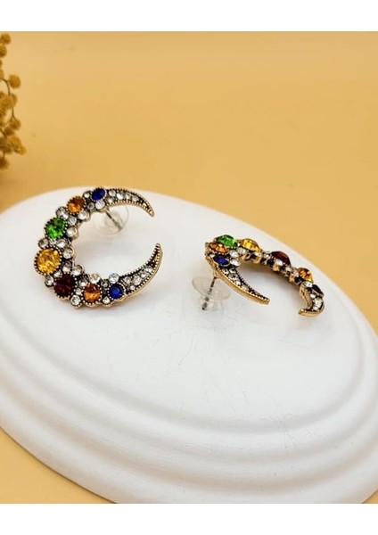 Renkli Taşlı Gümüş Kaplama Hilal Küpe modelleri