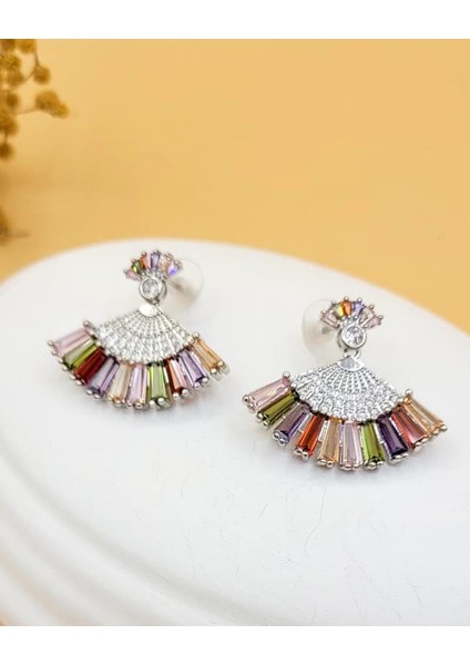 Renkli Taşlı Silver Tavus Kuşu Küpe