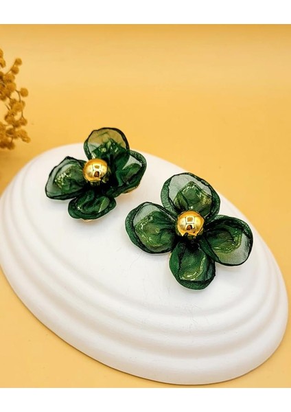 Yeşil Tül Detaylı Çiçek Gold Küpe