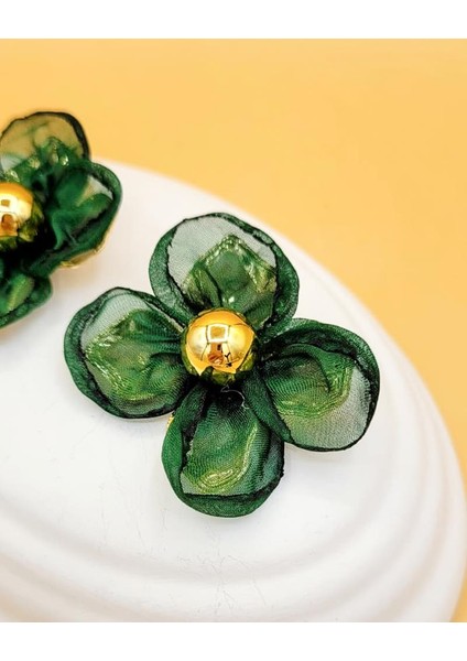 Yeşil Tül Detaylı Çiçek Gold Küpe fiyatları
