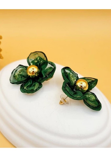 Yeşil Tül Detaylı Çiçek Gold Küpe modelleri