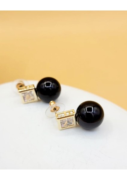 Siyah Inci Gold Kare Taş Minimal Küpe
