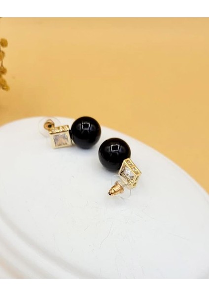 Siyah Inci Gold Kare Taş Minimal Küpe modelleri