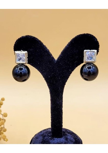 Siyah Inci Gold Kare Taş Minimal Küpe fırsatları