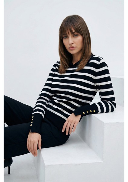 Kadın Polo Yaka Çizgili Kazak Siyah