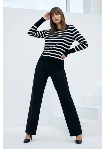 Kadın Polo Yaka Çizgili Kazak Siyah fiyatları