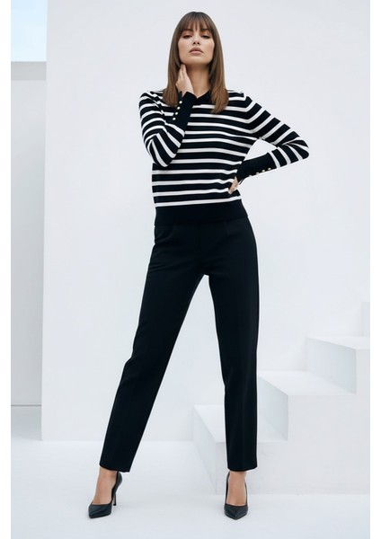 Kadın Polo Yaka Çizgili Kazak Siyah modelleri