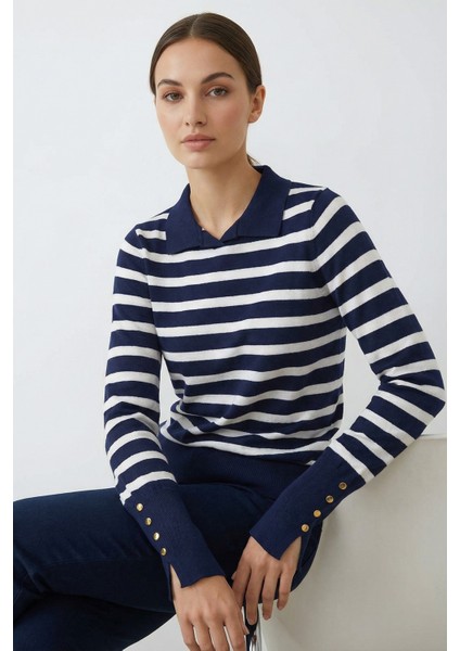 Kadın Polo Yaka Çizgili Kazak Lacivert