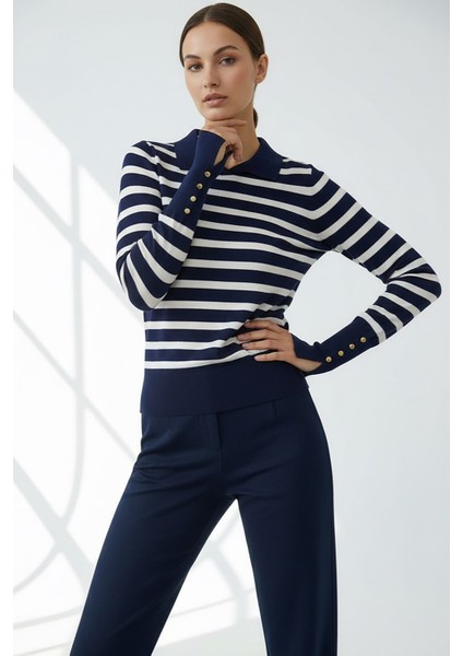 Kadın Polo Yaka Çizgili Kazak Lacivert fiyatları