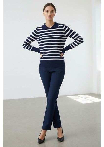 Kadın Polo Yaka Çizgili Kazak Lacivert modelleri