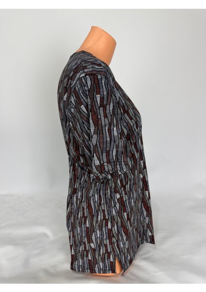 Kadın Gri Kahverengi U Yaka Kısa Kollu Desenli Yırtmaçlı Dokuma Viskon Anne Penye Tişört fiyatları