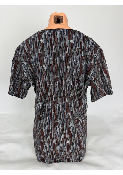 Kadın Gri Kahverengi U Yaka Kısa Kollu Desenli Yırtmaçlı Dokuma Viskon Anne Penye Tişört modelleri