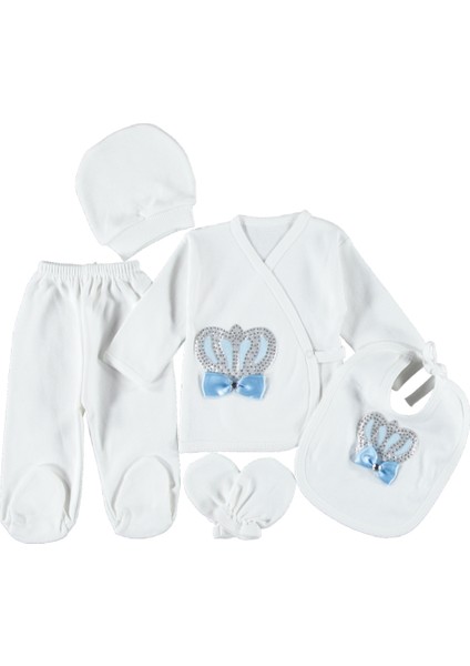 1/3 Ay Penye Taçlı Erkek 5'li Zıbın Seti Hastane Çıkışı %100 Pamuklu