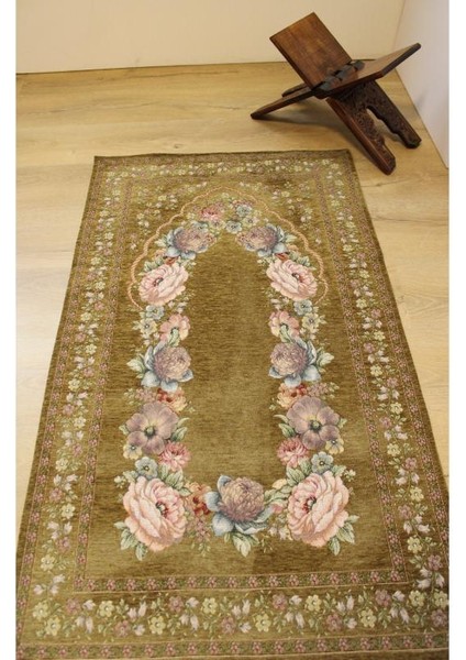 Kınay Yosun Yeşili Jakarlı Dokuma Goblen Dekoratif Astarsız Saçaksız Şönilli Seccade 70*115