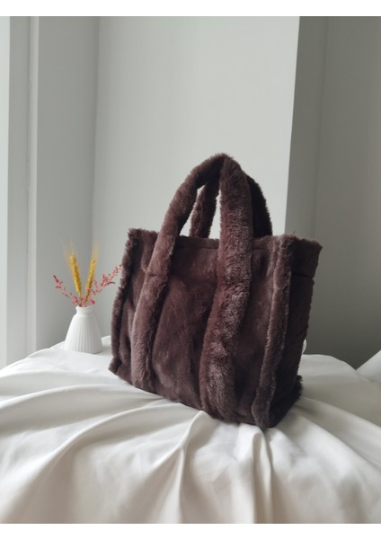 Vintage Peluş Kürk Model Sonbahar, Kış Tote Bag Kadın El, Kol, Omuz Çanta