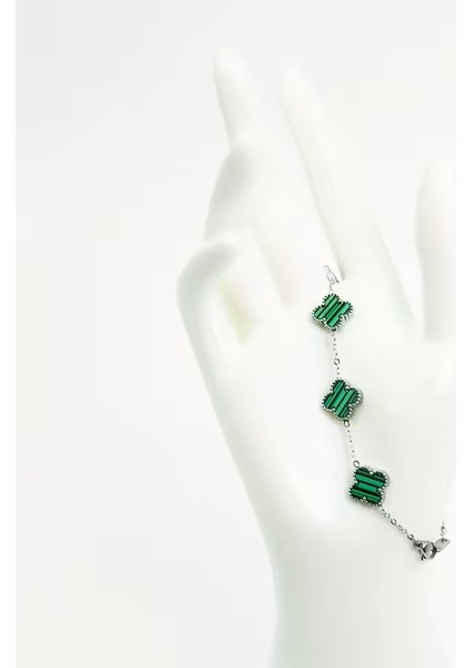 Çelik Bileklik Dört Yapraklı Küçük Yonca Yeşil Çizgili Sedef Taşlı Uzunluk 18 cm Gümüş