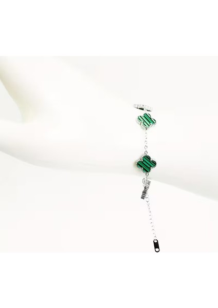 Çelik Bileklik Dört Yapraklı Küçük Yonca Yeşil Çizgili Sedef Taşlı Uzunluk 18 cm Gümüş modelleri