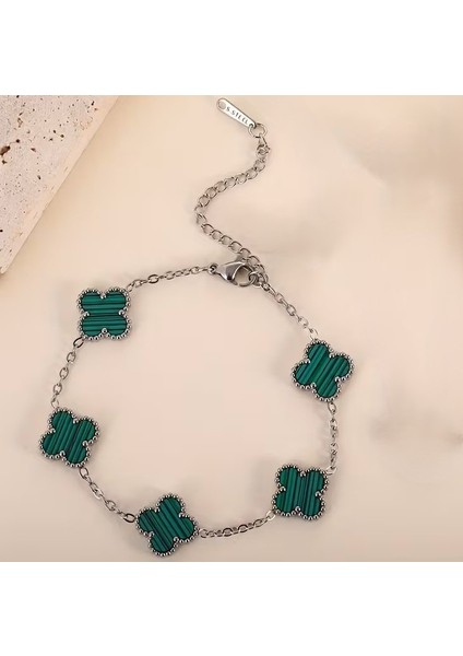 Çelik Bileklik Dört Yapraklı Küçük Yonca Yeşil Çizgili Sedef Taşlı Uzunluk 18 cm Gümüş fırsatları