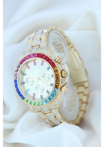 Clariss Trend Gold Metal Kordonlu Zirkon Taş Kaplama Renkli Taşlı Kasa Tasarımlı Lüx Kadın Ko modelleri