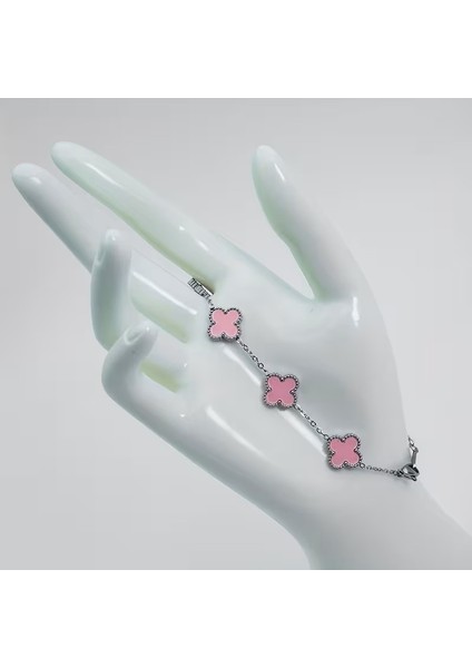 Çelik Bileklik Dört Yapraklı Küçük Yonca Pembe Sedef Taşlı Uzunluk 18 cm Gümüş