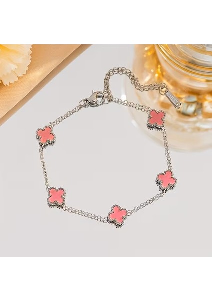 Çelik Bileklik Dört Yapraklı Küçük Yonca Pembe Sedef Taşlı Uzunluk 18 cm Gümüş fiyatları