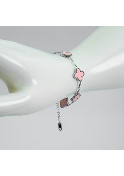 Çelik Bileklik Dört Yapraklı Küçük Yonca Pembe Sedef Taşlı Uzunluk 18 cm Gümüş modelleri