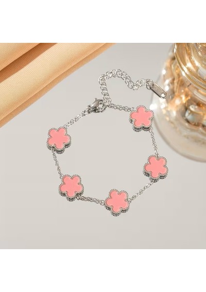 Çelik Bileklik Dört Yapraklı Küçük Yonca Pembe Sedef Taşlı Uzunluk 18 cm Gümüş fırsatları