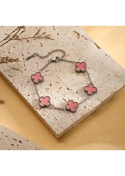 Çelik Bileklik Dört Yapraklı Küçük Yonca Pembe Sedef Taşlı Uzunluk 18 cm Gümüş indirimleri