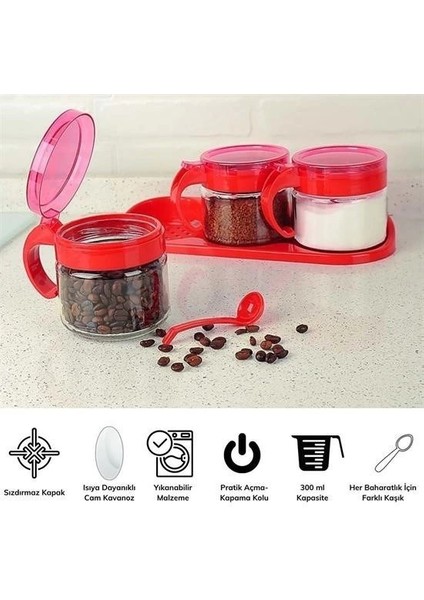 Kırmızı 3lü Standlı Kapaklı Kaşıklı Cam Hava Sızdırmaz Baharatlık Takımı KC-386 fırsatları