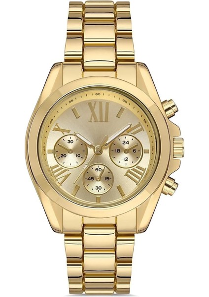 Zarif ve Şık Özel Tasarım Roma Rakam Detaylı Metal Bayan Kol Saati (Gold)