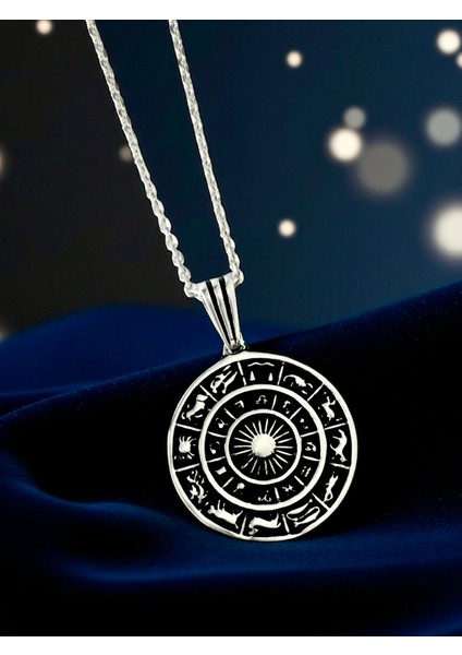 Burç Çemberi Astroloji Parlak Unisex Tasarım 925 Ayar Gümüş Kolye