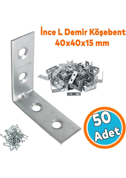 Metal Köşebent (50 Adet) 40X40X15 mm Ince L Demiri Gönye Mobilya Duvar Sabitleme Bağlantı Aparatı