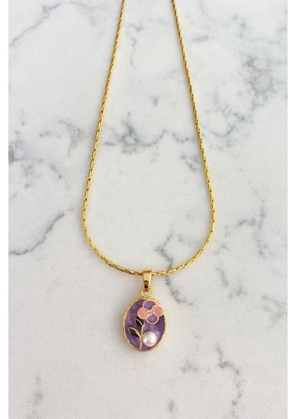 Incili Mor Çiçekli Vintage Gold Çelik Kolye