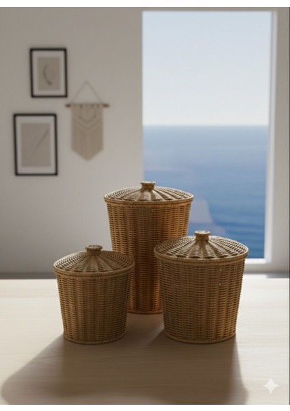 Rattan 3'lü Kapaklı Kova Sepet