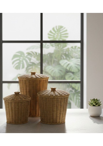 Rattan 3'lü Kapaklı Kova Sepet modelleri