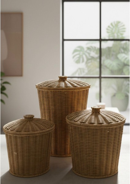 Rattan 3'lü Kapaklı Kova Sepet fırsatları