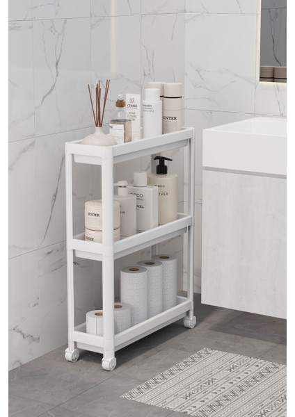 Beyaz Tekerlekli Dikdörtgen 3 Katlı Çok Amaçlı Raf, Düzenleyici Organizer