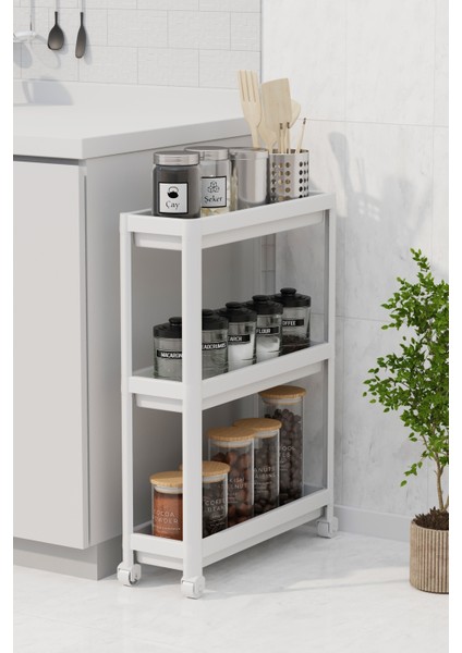 Beyaz Tekerlekli Dikdörtgen 3 Katlı Çok Amaçlı Raf, Düzenleyici Organizer modelleri