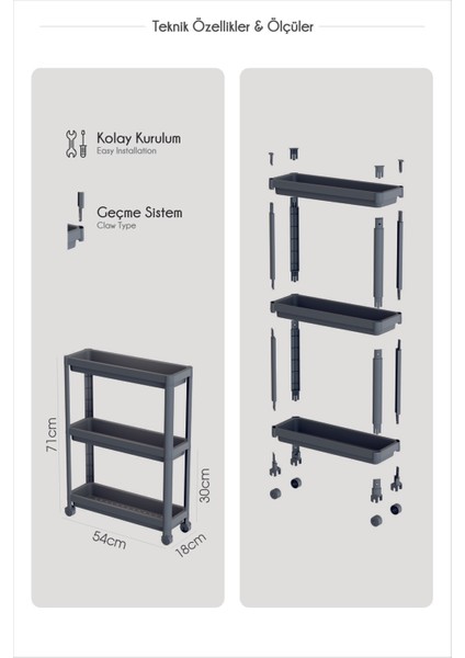 Beyaz Tekerlekli Dikdörtgen 3 Katlı Çok Amaçlı Raf, Düzenleyici Organizer