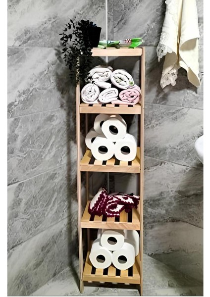 Doğal Ahşap 5 Raflı Banyo Rafı 30X30X120 Cm, Şık ve Fonksiyonel Depolama Çözümü